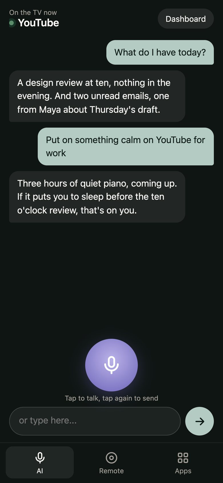 The phone app: talking to the home AI