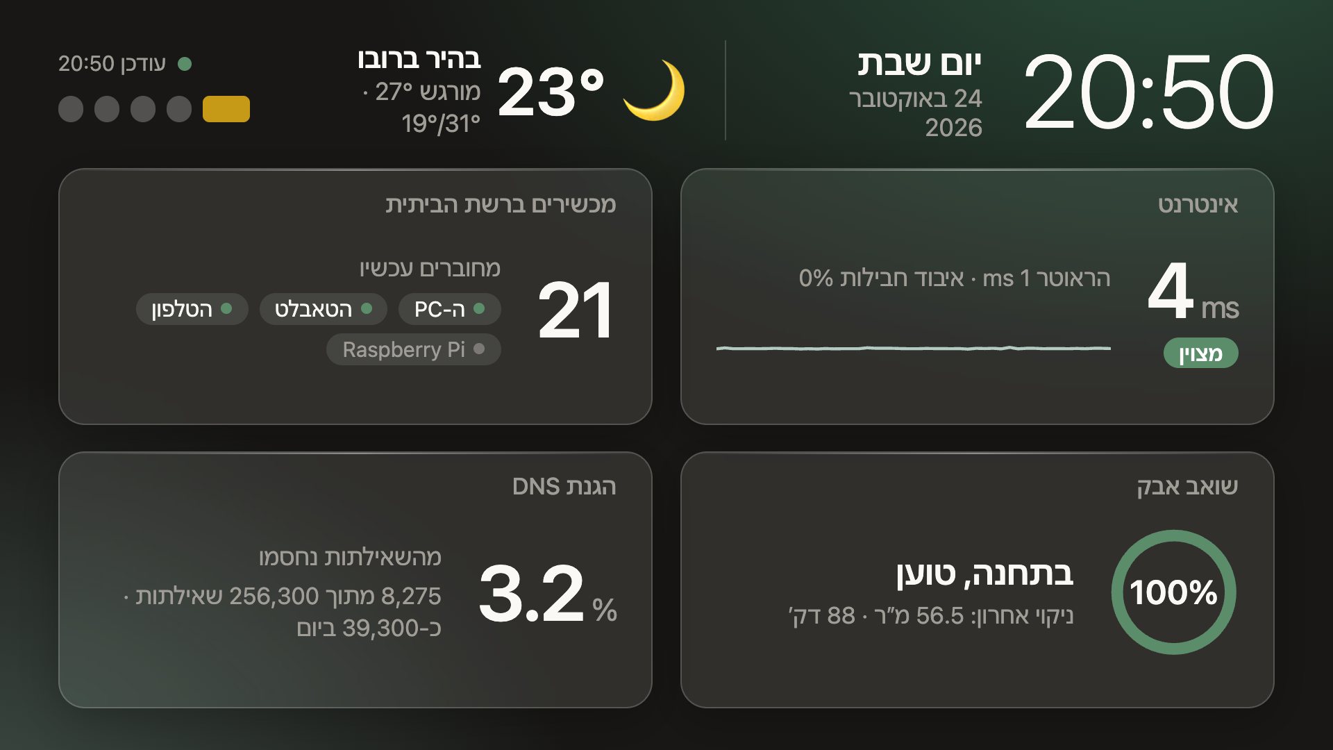מסך הבית: אינטרנט, מכשירים, שואב, DNS